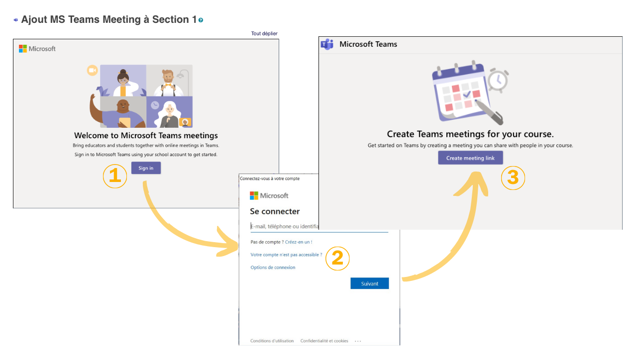 L'authentification Teams relie Moodle au compte Microsoft de l'enseignant avant la création d'une rencontre Teams.