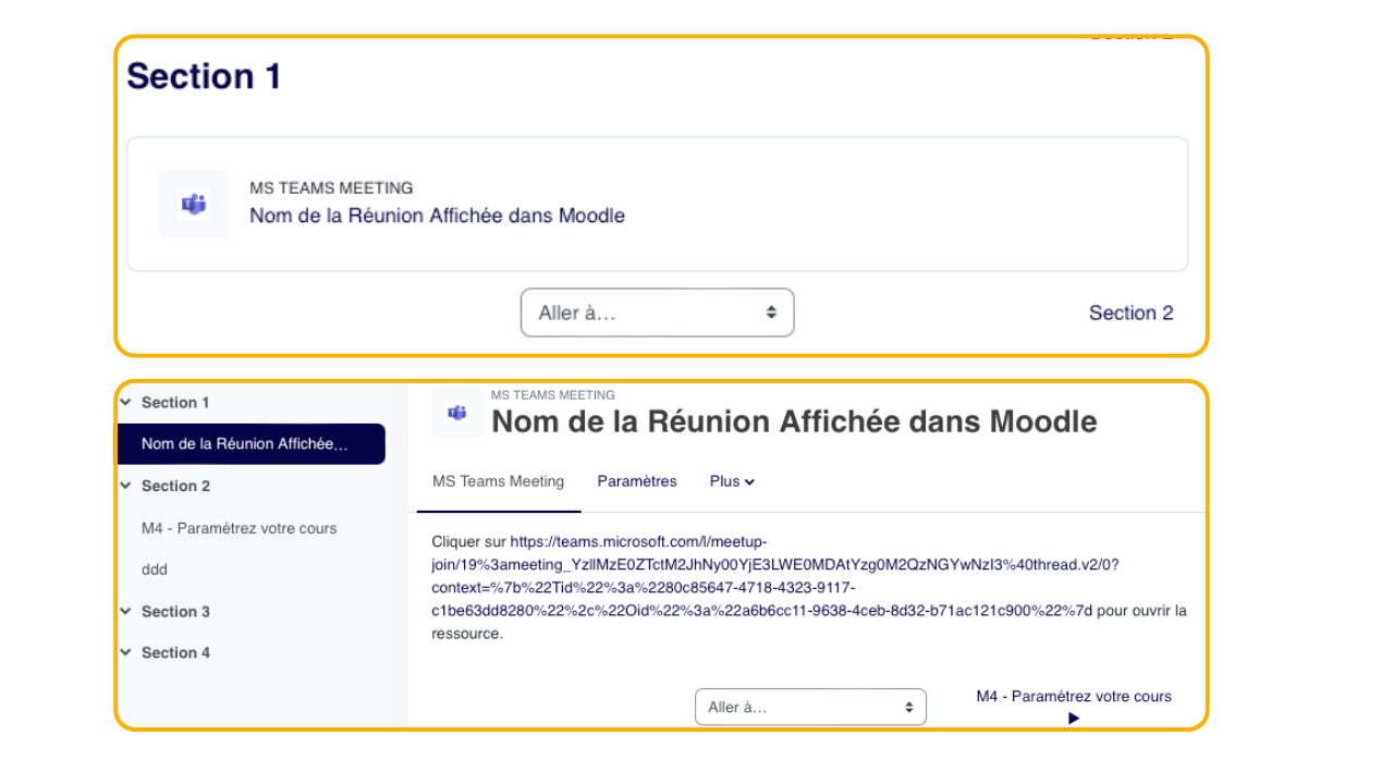 L'affichage Teams dans le cours montre la réunion comme une activité consultable par les apprenants, avec son intitulé et son accès.
