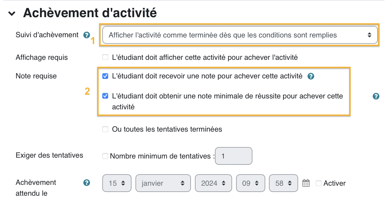 Le support complémentaire montre les réglages d'achèvement, indispensables si le test compte dans la progression du cours.