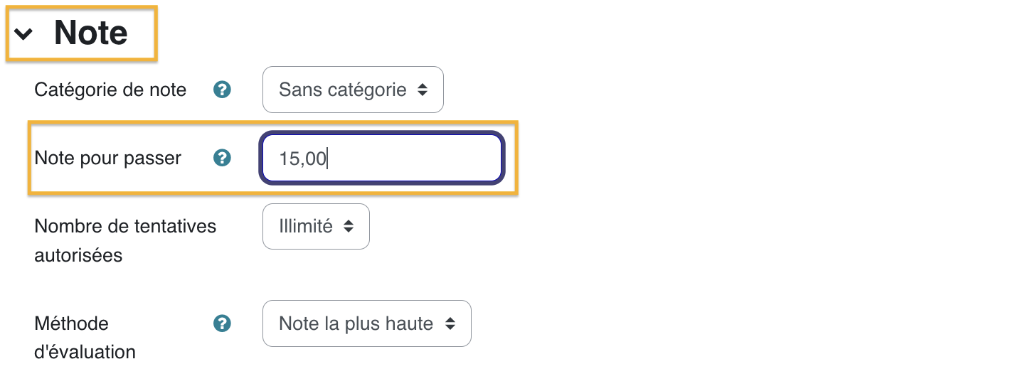 Le support complémentaire montre la note de réussite, seuil qui donne du sens au score final dans le parcours.