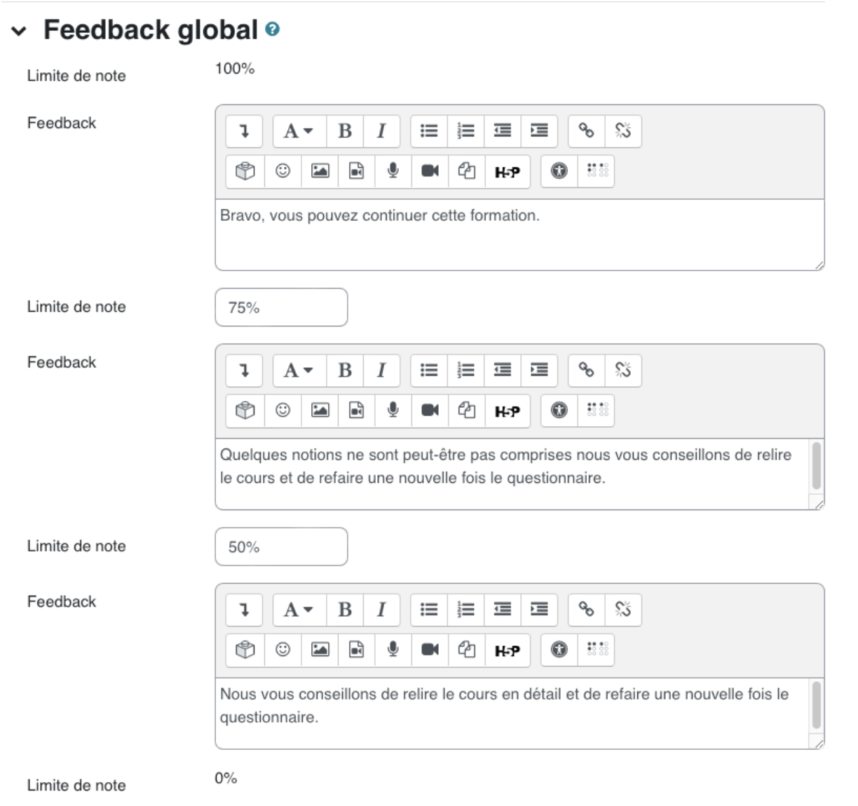Le support complémentaire illustre le feedback global, utile pour accompagner les apprenants après la tentative selon leur score.