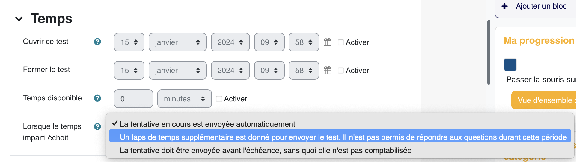 Le support complémentaire insiste sur les limites de temps, qui doivent être cohérentes avec la durée et les conditions de passation attendues.