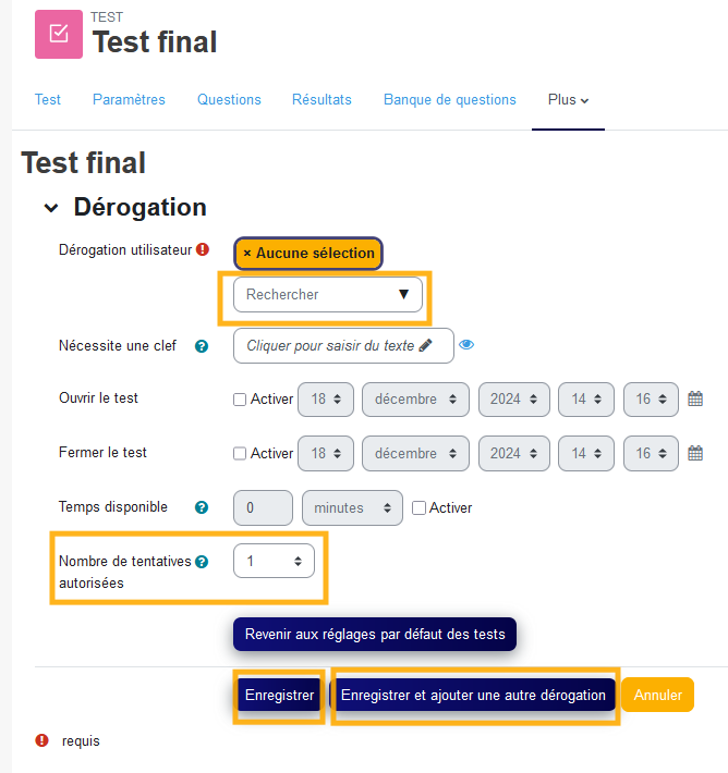 Le nombre de tentatives accordé dans la dérogation ajuste le droit de repasser le test sans modifier les paramètres généraux pour toute la classe.