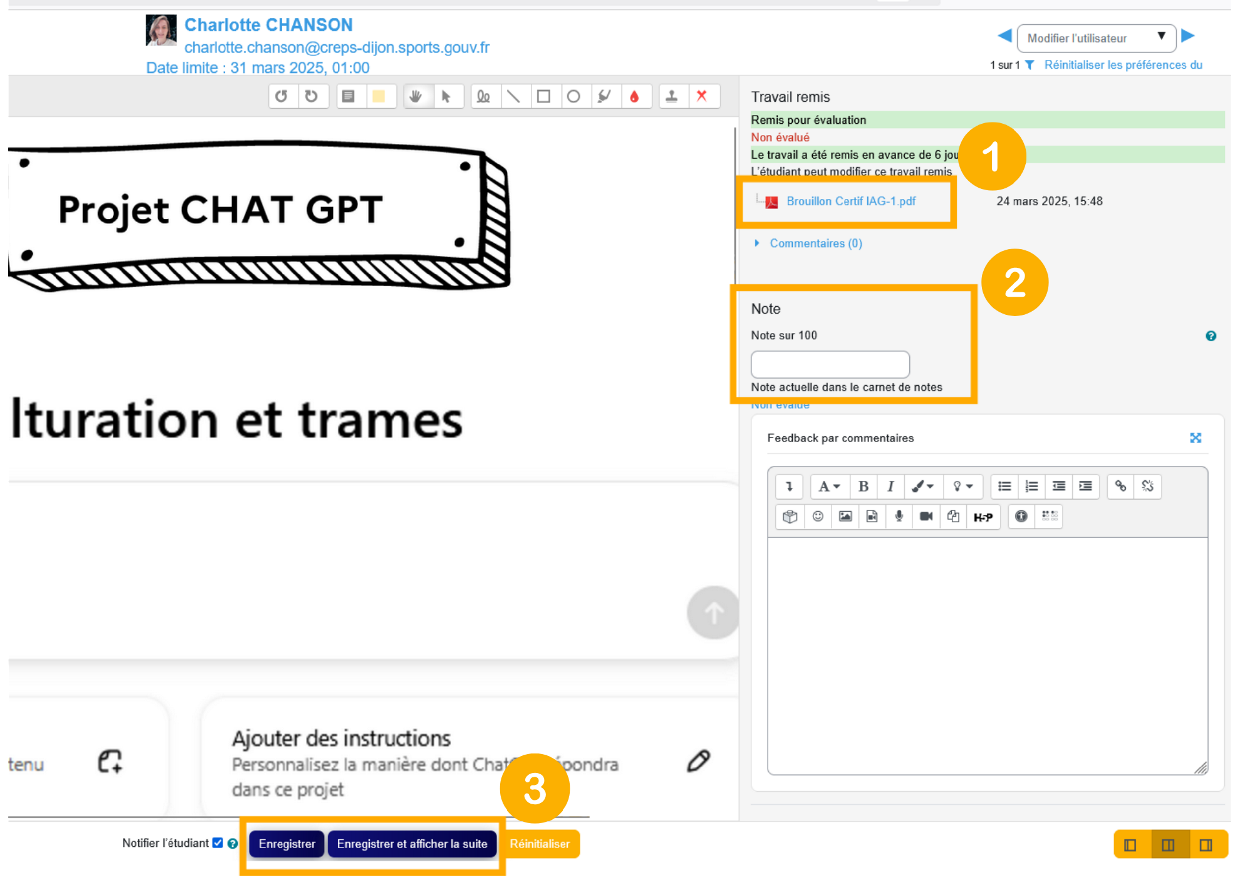 La consultation des travaux remis donne une vue de correction avec les participants, les fichiers déposés et les zones de retour enseignant.