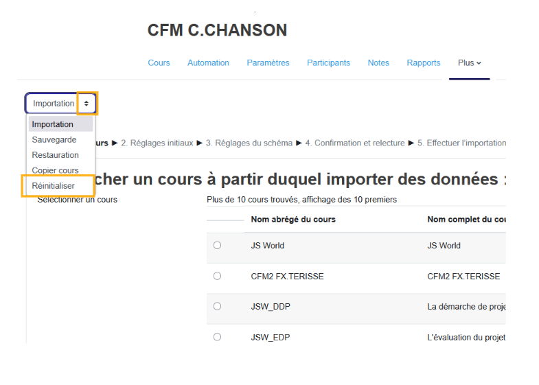 Dans la réutilisation de cours, l'option Réinitialiser sert à nettoyer des données utilisateurs tout en conservant la structure pédagogique.
