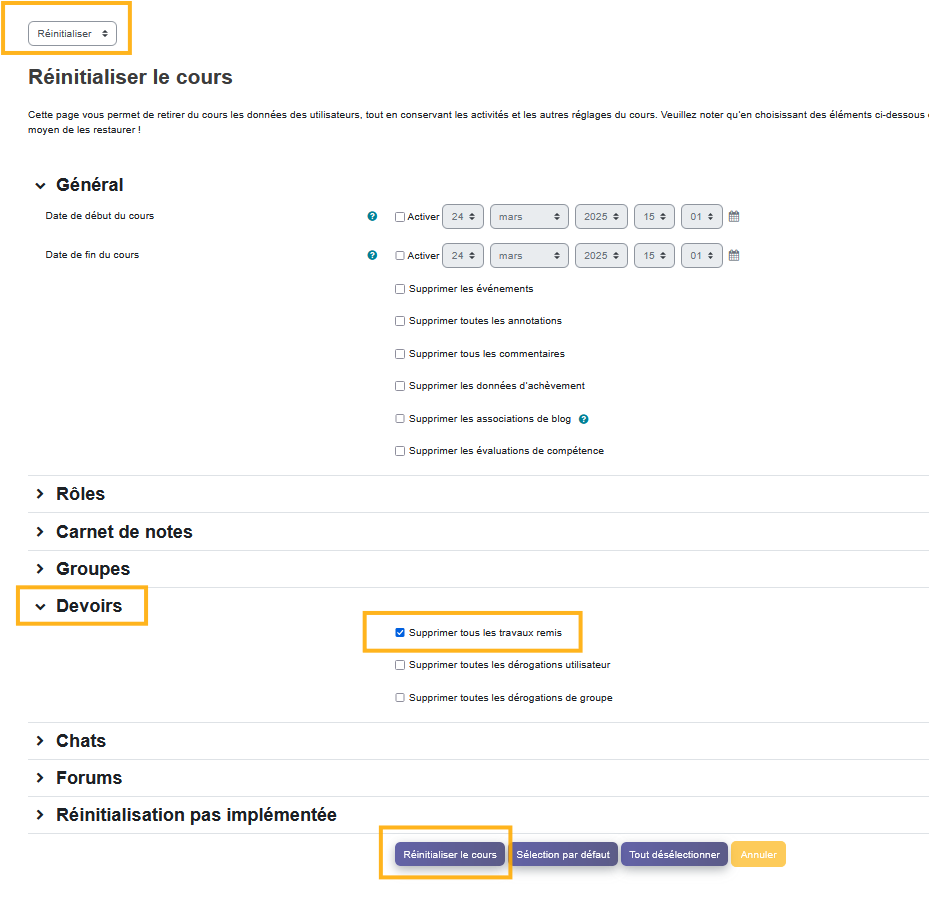 La réinitialisation permet de cibler les données à supprimer, par exemple les travaux remis, afin de préparer le cours pour une nouvelle session.