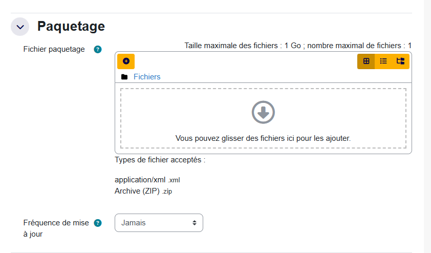 Le paramétrage SCORM demande notamment le fichier du paquetage et les options d'affichage; ces choix conditionnent l'ouverture du module dans Moodle.