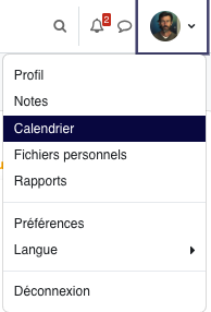 Dans le menu de l'avatar, l'entrée Calendrier ouvre votre vue personnelle des événements Moodle.