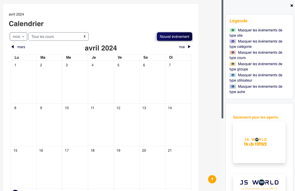 La vue Calendrier affiche le mois, le filtre de cours, le bouton Nouvel événement et la légende qui permet de masquer certains types d'événements.