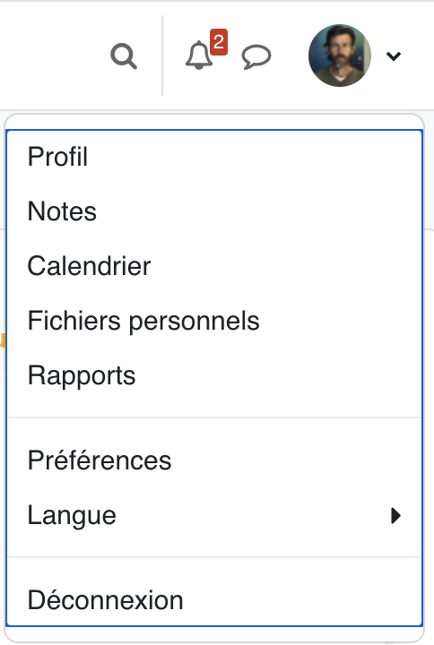 Ouvrez le menu de l'avatar pour rejoindre les espaces personnels: Profil, Notes, Calendrier, Fichiers personnels, Rapports et Préférences.