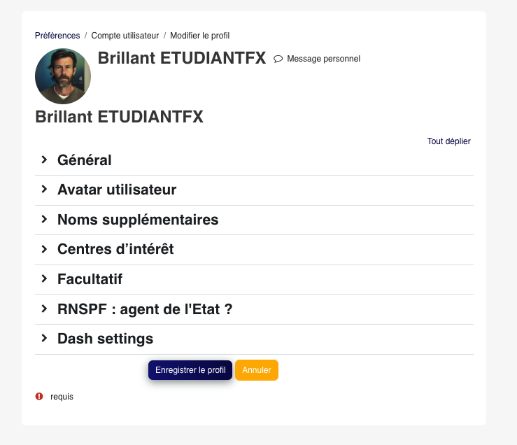 Le formulaire Modifier le profil est organisé en sections repliables; utilisez Tout déplier ou les chevrons pour trouver Général, Avatar utilisateur, Facultatif et RNSPF.