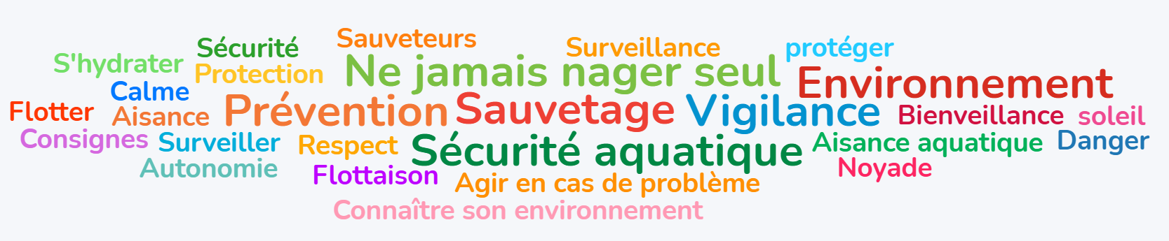nuage de mots avec les notions de sécurité, surveillance, sauvetage, ne pas prendre de risques, rester calme etc